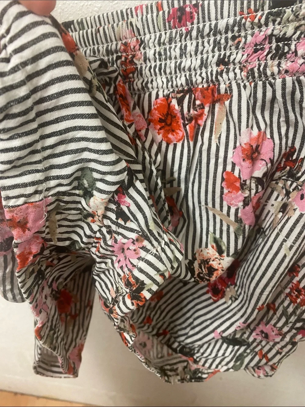 Joe B Black & White Striped High-Waist Shorts with Pink & Red Floral Print